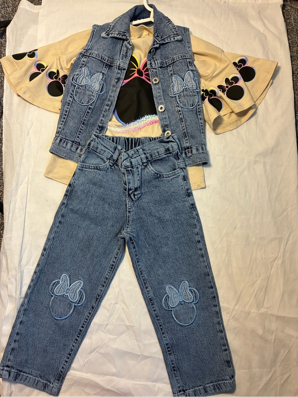 No Boundaries Light Blue Denim Vest & Jeans Set with Embroidered Bows